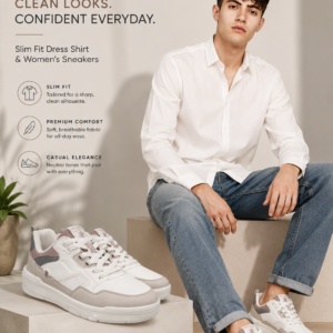 Urban Style Combo Pack – Women’s White & Beige Sneakers + Slim Fit Dress Shirt