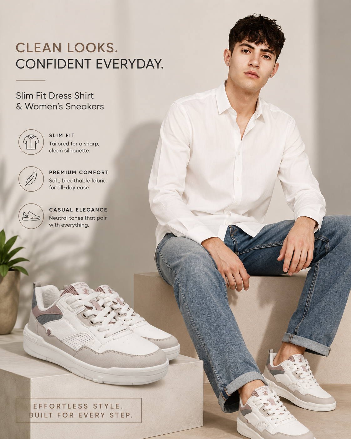 Urban Style Combo Pack – Women’s White & Beige Sneakers + Slim Fit Dress Shirt